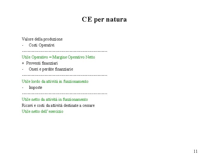 CE per natura Valore della produzione - Costi Operativi ------------------------------Utile Operativo = Margine Operativo