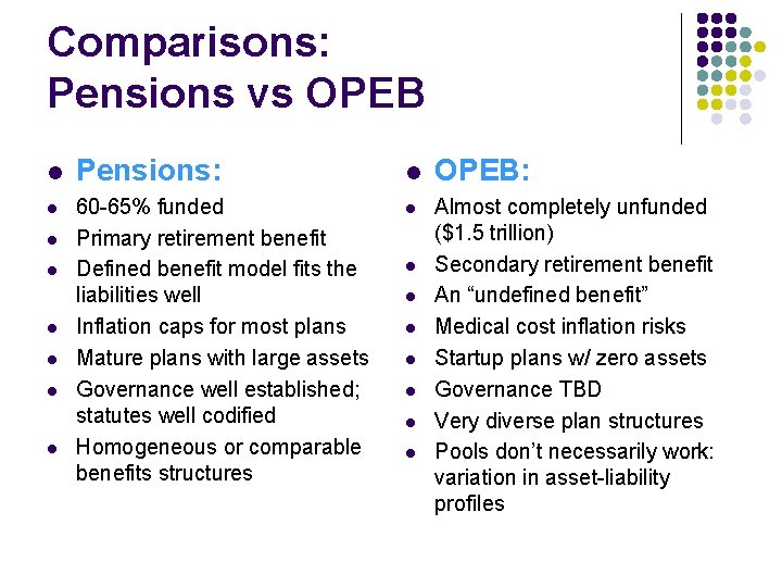 Comparisons: Pensions vs OPEB l l l l Pensions: 60 -65% funded Primary retirement