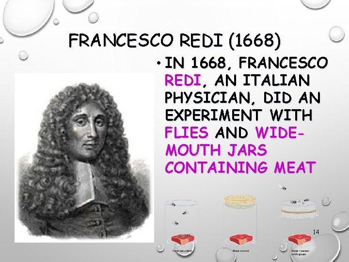 FRANCESCO REDI (1668) • IN 1668, FRANCESCO REDI, AN ITALIAN PHYSICIAN, DID AN EXPERIMENT