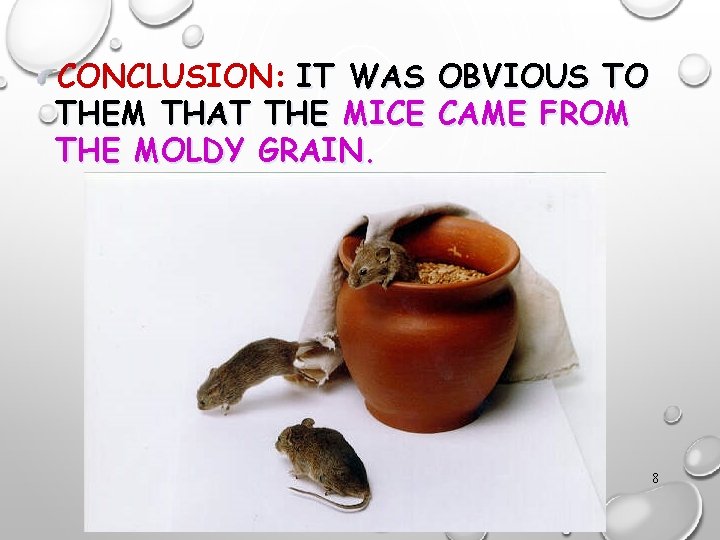 CONCLUSION: IT WAS OBVIOUS TO THEM THAT THE MICE CAME FROM THE MOLDY GRAIN.