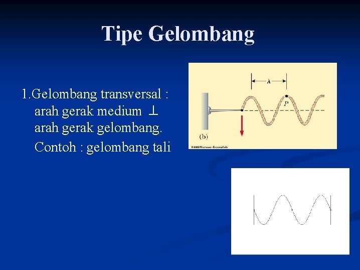 Tipe Gelombang 1. Gelombang transversal : arah gerak medium ⊥ arah gerak gelombang. Contoh