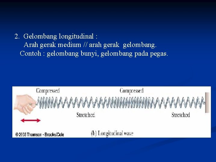 2. Gelombang longitudinal : Arah gerak medium // arah gerak gelombang. Contoh : gelombang