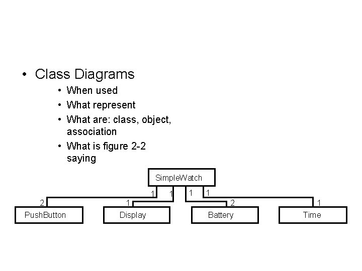  • Class Diagrams • When used • What represent • What are: class,