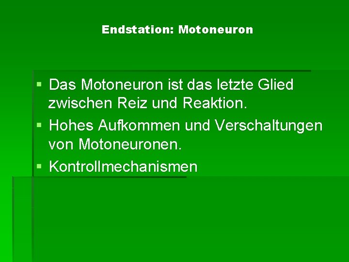 Endstation: Motoneuron § Das Motoneuron ist das letzte Glied zwischen Reiz und Reaktion. §