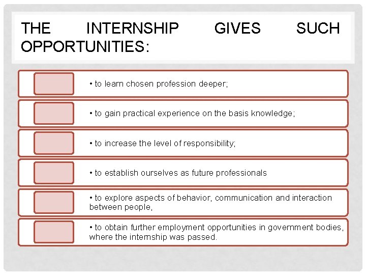 THE INTERNSHIP OPPORTUNITIES: GIVES SUCH • to learn chosen profession deeper; • to gain