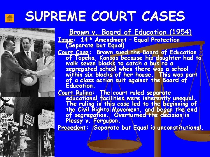 SUPREME COURT CASES Brown v. Board of Education (1954) Issue: 14 th Amendment –