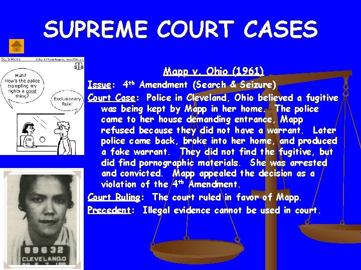 SUPREME COURT CASES Mapp v. Ohio (1961) Issue: 4 th Amendment (Search & Seizure)