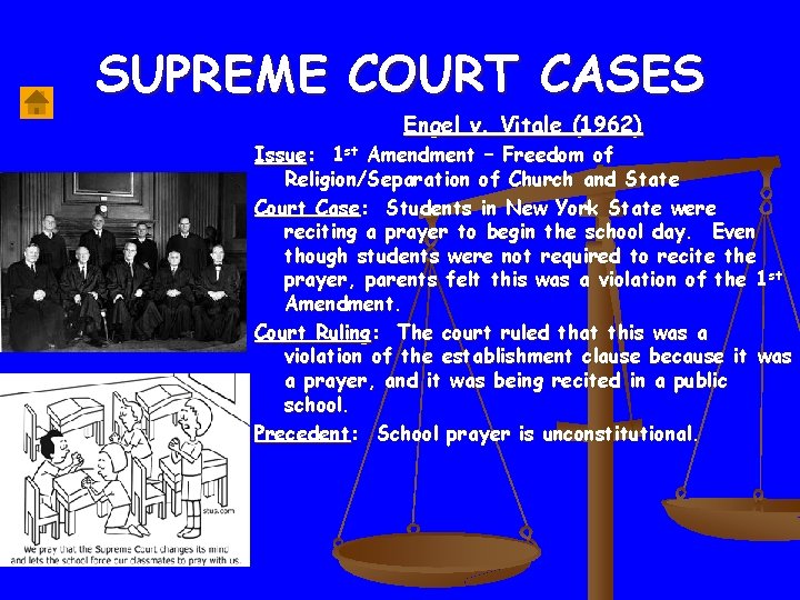 SUPREME COURT CASES Engel v. Vitale (1962) Issue: 1 st Amendment – Freedom of