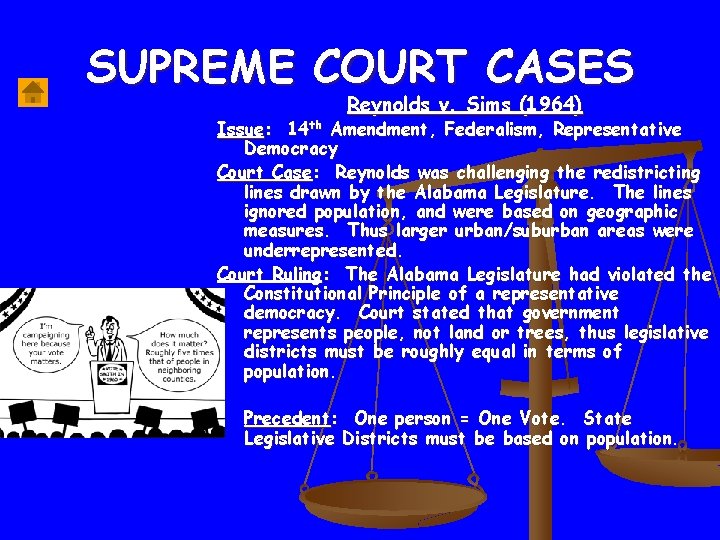 SUPREME COURT CASES Reynolds v. Sims (1964) Issue: 14 th Amendment, Federalism, Representative Democracy