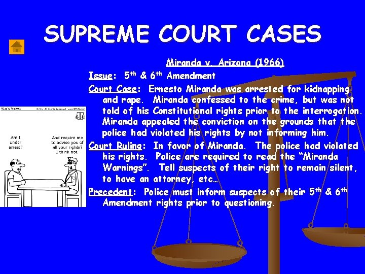 SUPREME COURT CASES Miranda v. Arizona (1966) Issue: 5 th & 6 th Amendment