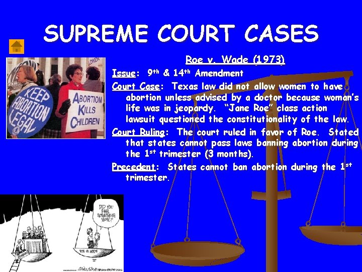 SUPREME COURT CASES Roe v. Wade (1973) Issue: 9 th & 14 th Amendment