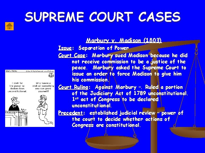 SUPREME COURT CASES Marbury v. Madison (1803) Issue: Separation of Power Court Case: Marbury