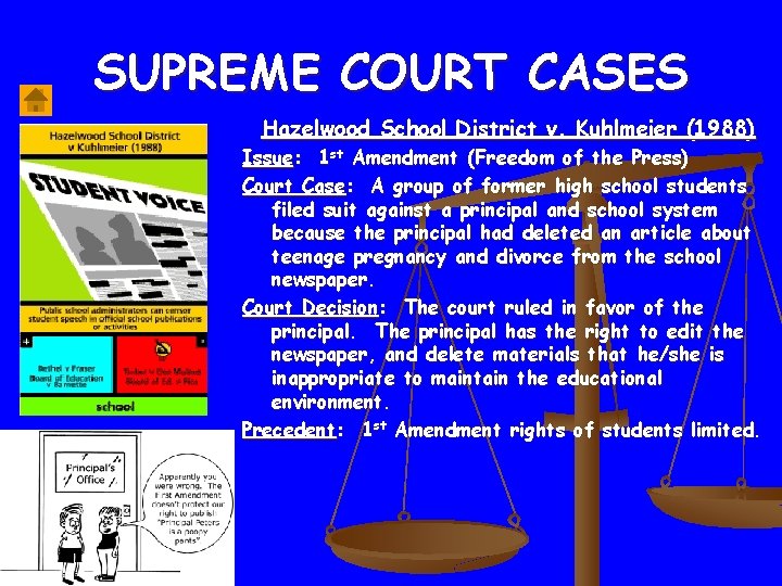 SUPREME COURT CASES Hazelwood School District v. Kuhlmeier (1988) Issue: 1 st Amendment (Freedom