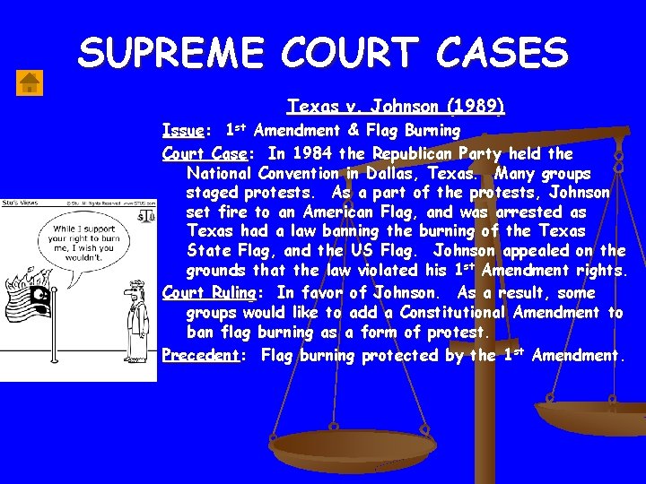 SUPREME COURT CASES Texas v. Johnson (1989) Issue: 1 st Amendment & Flag Burning