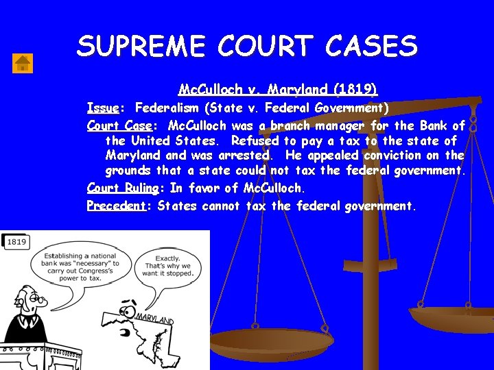 SUPREME COURT CASES Mc. Culloch v. Maryland (1819) Issue: Federalism (State v. Federal Government)