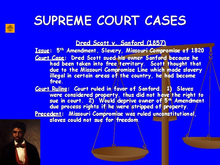 SUPREME COURT CASES Dred Scott v. Sanford (1857) Issue: 5 th Amendment, Slavery, Missouri