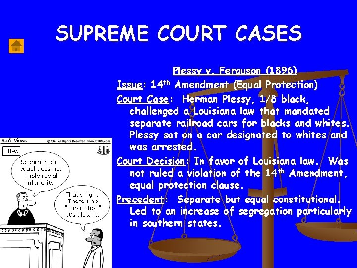 SUPREME COURT CASES Plessy v. Ferguson (1896) Issue: 14 th Amendment (Equal Protection) Court