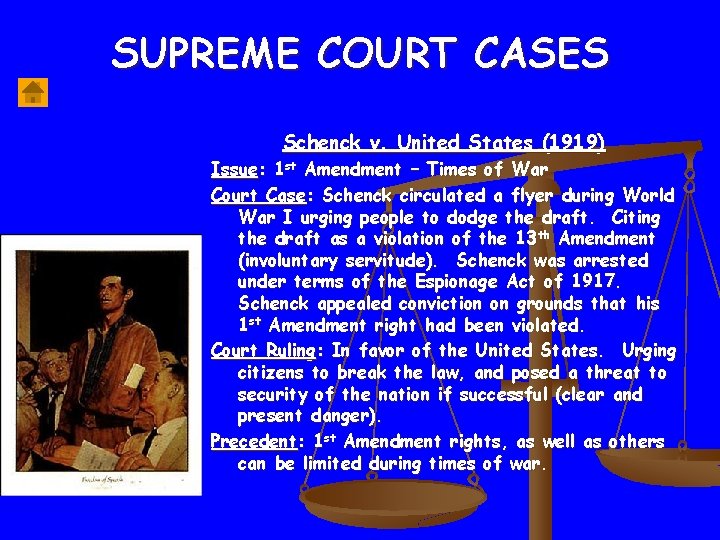 SUPREME COURT CASES Schenck v. United States (1919) Issue: 1 st Amendment – Times