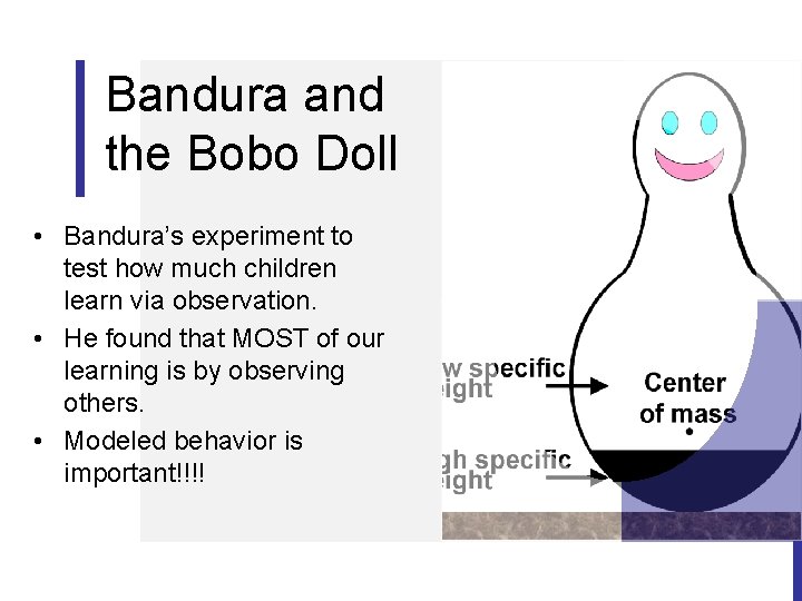 Bandura and the Bobo Doll • Bandura’s experiment to test how much children learn