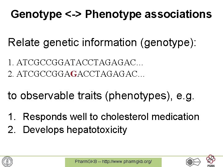 Genotype <-> Phenotype associations Relate genetic information (genotype): 1. ATCGCCGGATACCTAGAGAC… 2. ATCGCCGGAGACCTAGAGAC… to observable