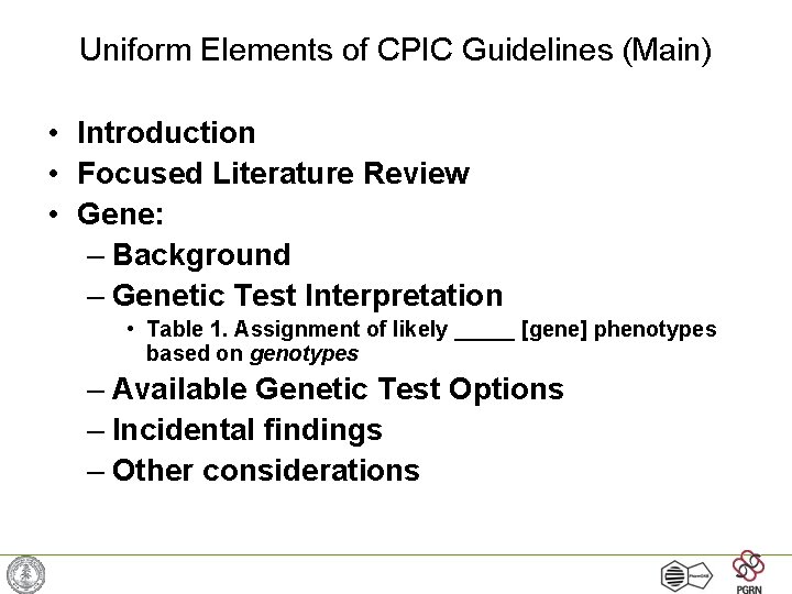 Uniform Elements of CPIC Guidelines (Main) • Introduction • Focused Literature Review • Gene: