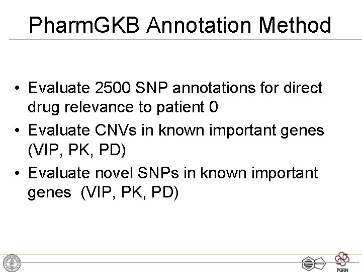 Pharm. GKB Annotation Method • Evaluate 2500 SNP annotations for direct drug relevance to