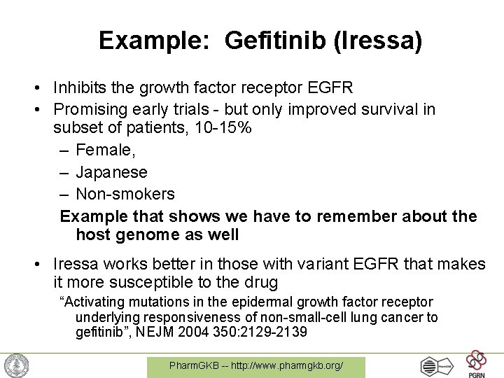 Example: Gefitinib (Iressa) • Inhibits the growth factor receptor EGFR • Promising early trials