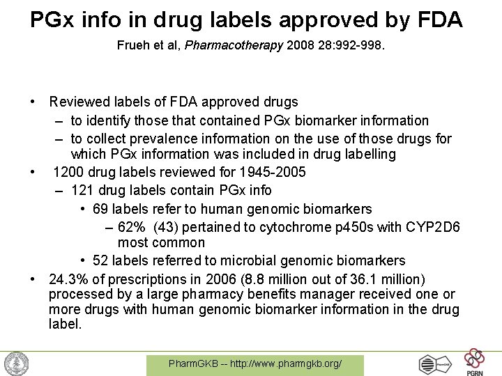 PGx info in drug labels approved by FDA Frueh et al, Pharmacotherapy 2008 28: