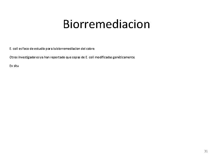 Biorremediacion E. coli es foco de estudio para la biorremediacion del cobre. Otros investigadores