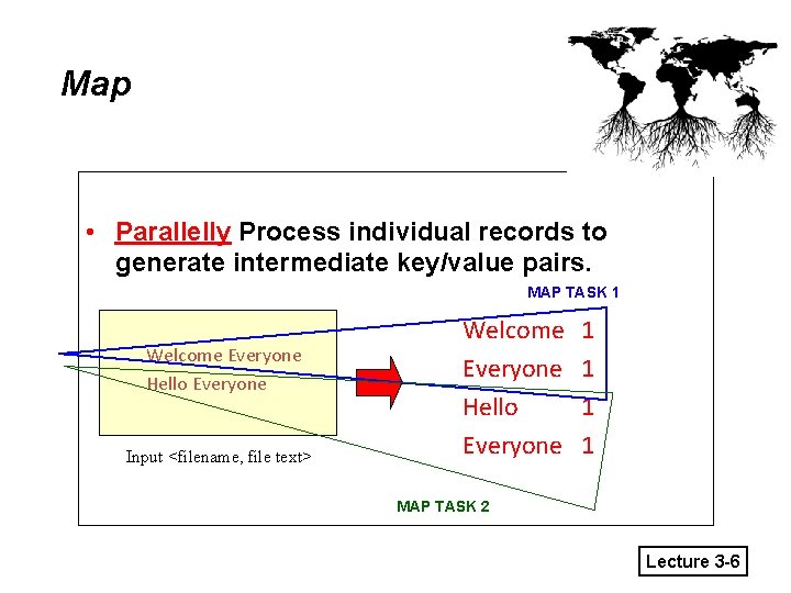Map • Parallelly Process individual records to generate intermediate key/value pairs. MAP TASK 1