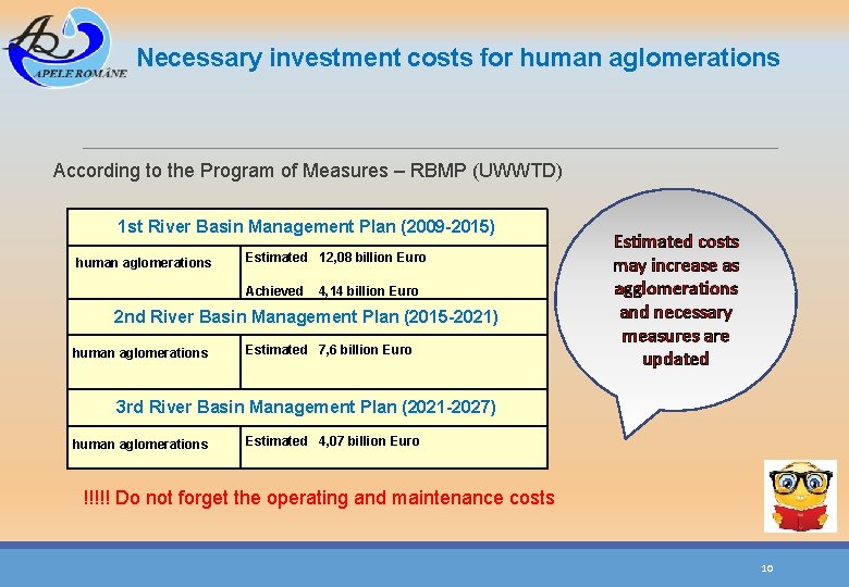 Necessary investment costs for human aglomerations According to the Program of Measures – RBMP