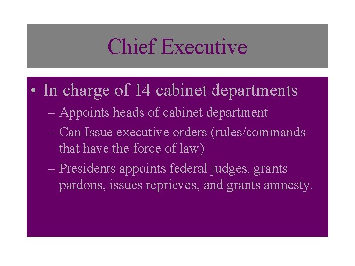 Chief Executive • In charge of 14 cabinet departments – Appoints heads of cabinet