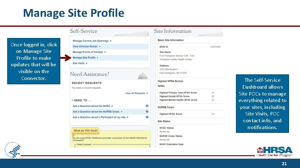 Manage Site Profile Once logged in, click on Manage Site Profile to make updates