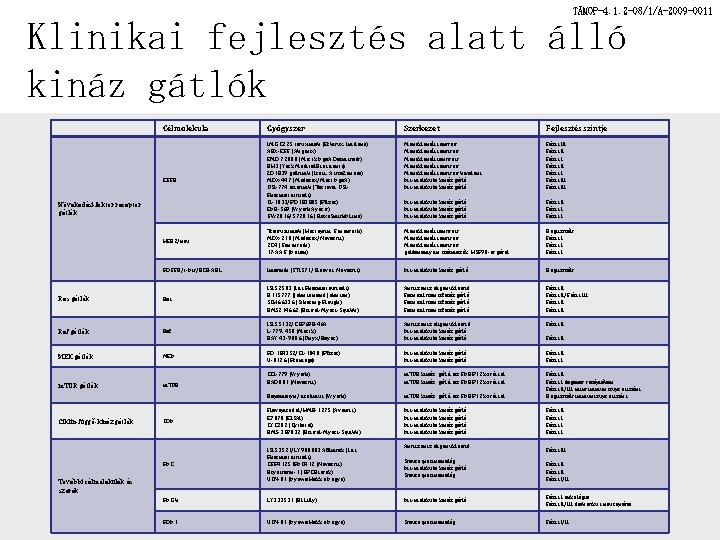 TÁMOP-4. 1. 2 -08/1/A-2009 -0011 Klinikai fejlesztés alatt álló kináz gátlók Célmolekula Gyógyszer Szerkezet