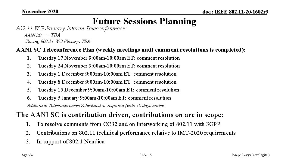 November 2020 doc. : IEEE 802. 11 -20/1602 r 3 Future Sessions Planning 802.