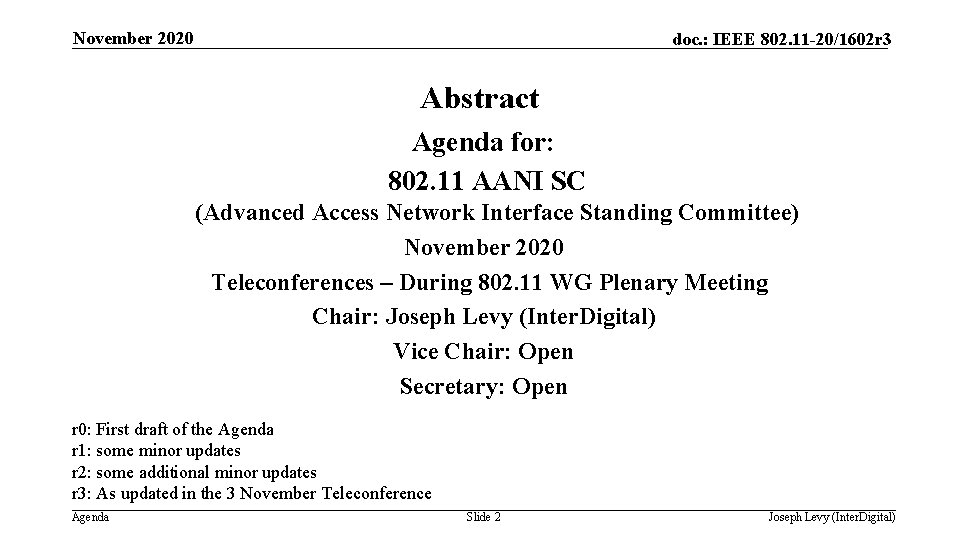 November 2020 doc. : IEEE 802. 11 -20/1602 r 3 Abstract Agenda for: 802.