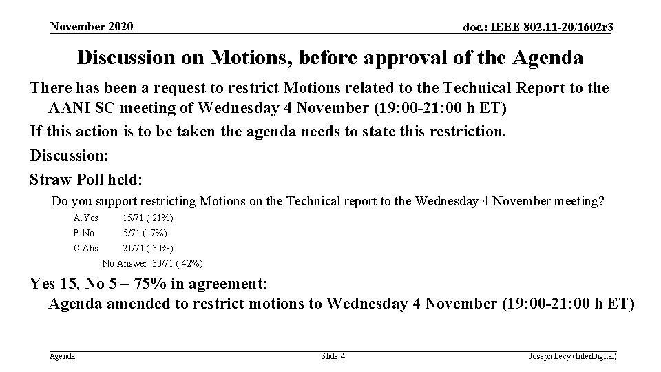 November 2020 doc. : IEEE 802. 11 -20/1602 r 3 Discussion on Motions, before