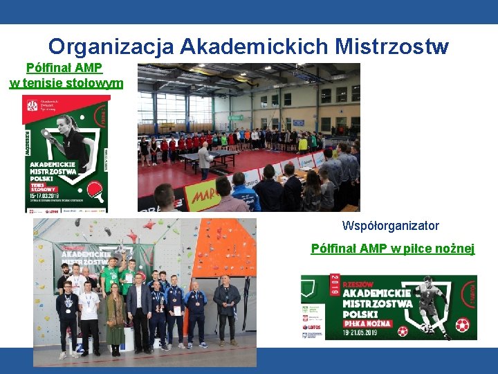 Organizacja Akademickich Mistrzostw Półfinał AMP Polski w tenisie stołowym Współorganizator Półfinał AMP w piłce