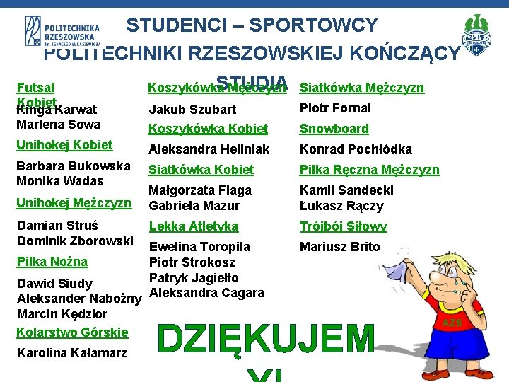 STUDENCI – SPORTOWCY POLITECHNIKI RZESZOWSKIEJ KOŃCZĄCY STUDIA Futsal Koszykówka Mężczyzn Siatkówka Mężczyzn Kobiet Kinga