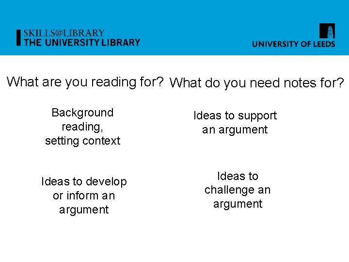 What are you reading for? What do you need notes for? Background reading, setting