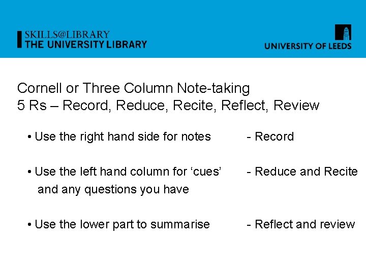 Cornell or Three Column Note-taking 5 Rs – Record, Reduce, Recite, Reflect, Review •