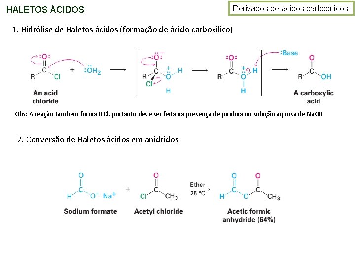 HALETOS ÁCIDOS Derivados de ácidos carboxílicos 1. Hidrólise de Haletos ácidos (formação de ácido