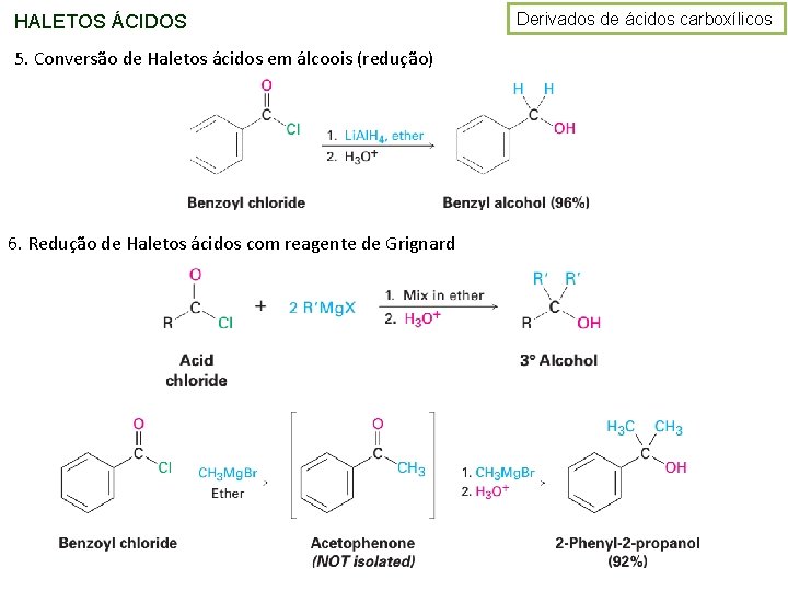 HALETOS ÁCIDOS 5. Conversão de Haletos ácidos em álcoois (redução) 6. Redução de Haletos