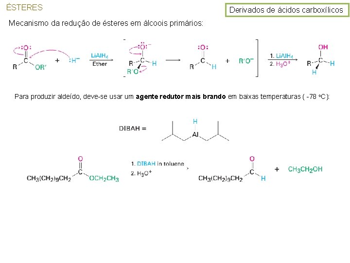 ÉSTERES Derivados de ácidos carboxílicos Mecanismo da redução de ésteres em álcoois primários: Para