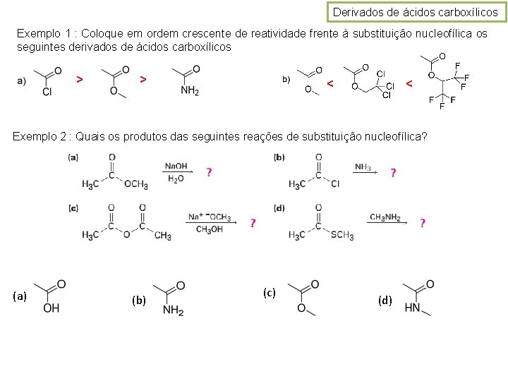Derivados de ácidos carboxílicos Exemplo 1 : Coloque em ordem crescente de reatividade frente
