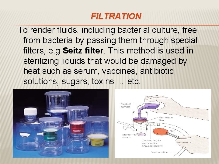 FILTRATION To render fluids, including bacterial culture, free from bacteria by passing them through