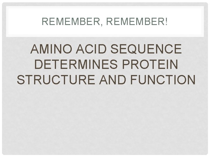 REMEMBER, REMEMBER! AMINO ACID SEQUENCE DETERMINES PROTEIN STRUCTURE AND FUNCTION REMEMBER, REMEMBER! AMINO ACID SEQUENCE DETERMINES PROTEIN STRUCTURE AND FUNCTION