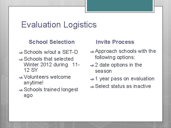 Evaluation Logistics School Selection Schools w/out a SET-D Schools that selected Winter 2012 during