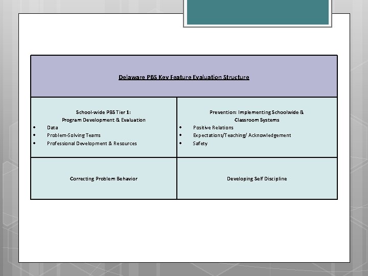 Delaware PBS Key Feature Evaluation Structure School-wide PBS Tier 1: Program Development & Evaluation