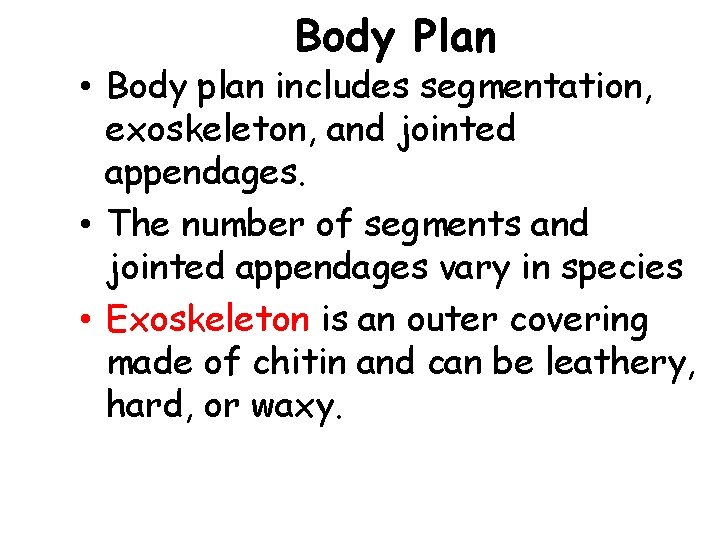 Body Plan • Body plan includes segmentation, exoskeleton, and jointed appendages. • The number